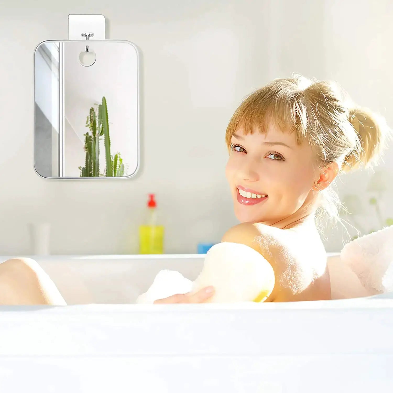 Fogless acrylic shower mirror with silver frame, wall-mounted bathroom accessory