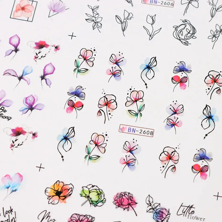 12 pcs ink flowers nail art stickers watercolor floral decals for nails