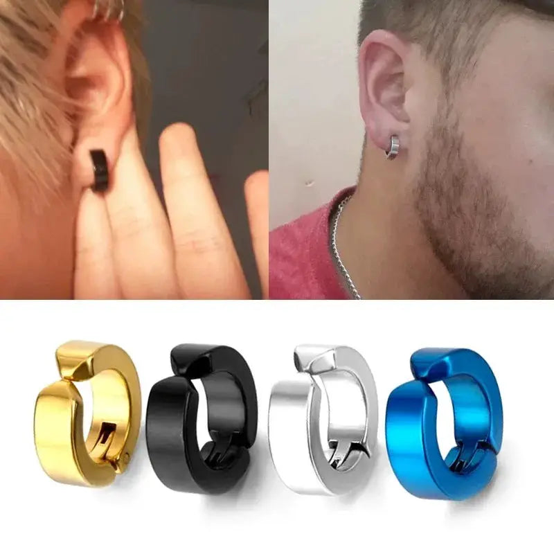 ZAKOL 2Pcs Set Non Piercing Ear Clip Earrings For Men Circle Round Punk Rock Style Stainless Steel Jewelry Gift