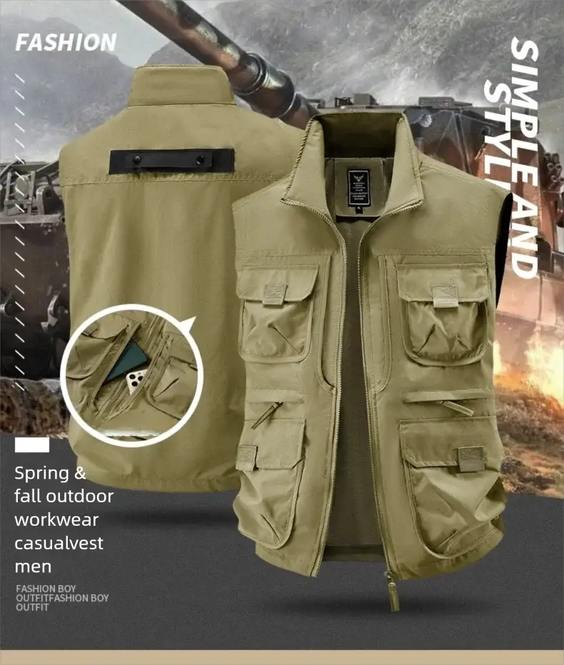 Men's outdoor multi-pocket vest by Simples Market in tan, breathable quick-dry fabric.