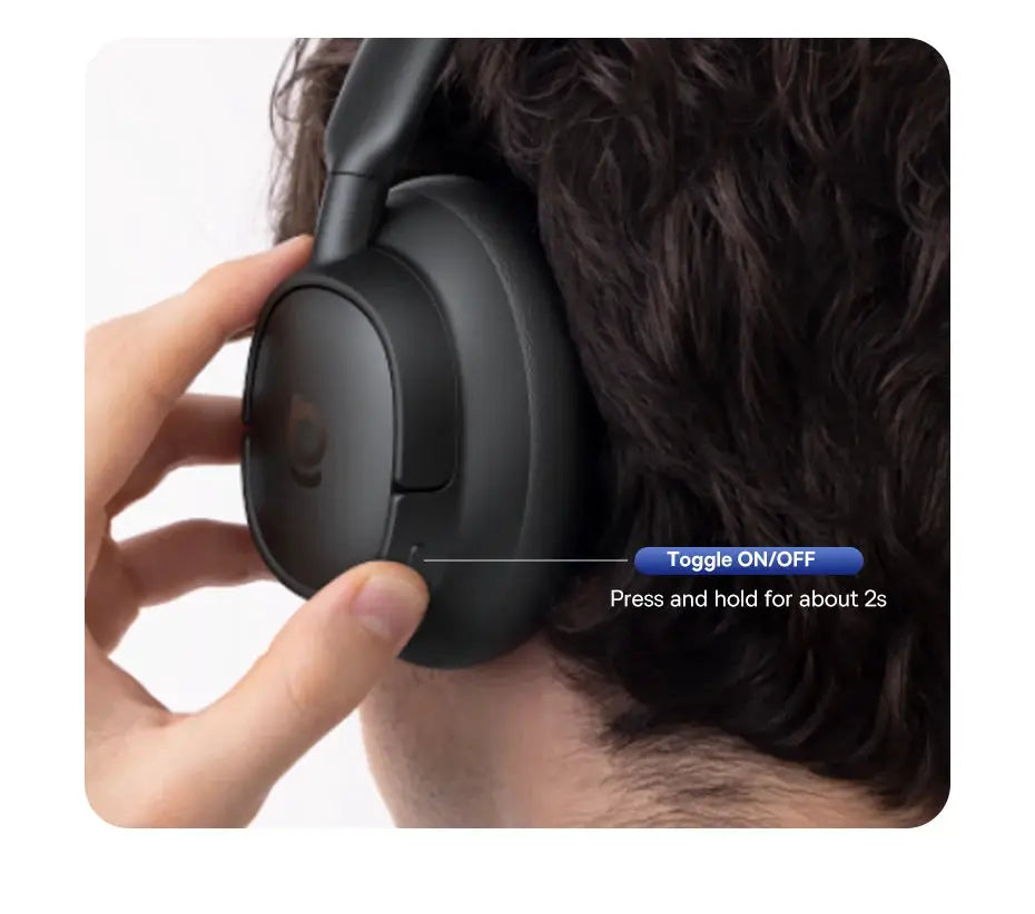 Baseus EH10 NC ANC wireless headphones in black, over-ear design with toggle ON/OFF button on earcup.