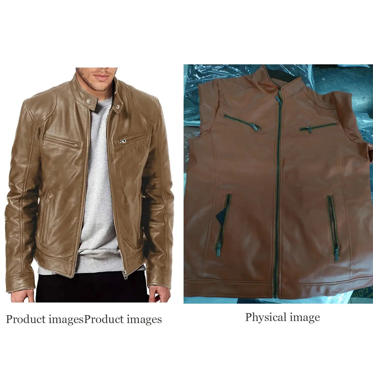 Men's brown leather motorcycle jacket and PU leather vest with zip pockets.