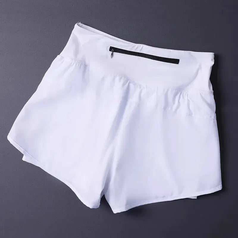 Women's white 2-in-1 athletic shorts with back zip pocket, lightweight breathable fabric