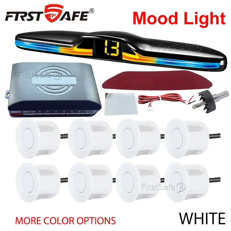 FirstSafe mood-light parking sensor kit for front and rear with 10 white sensors and display module