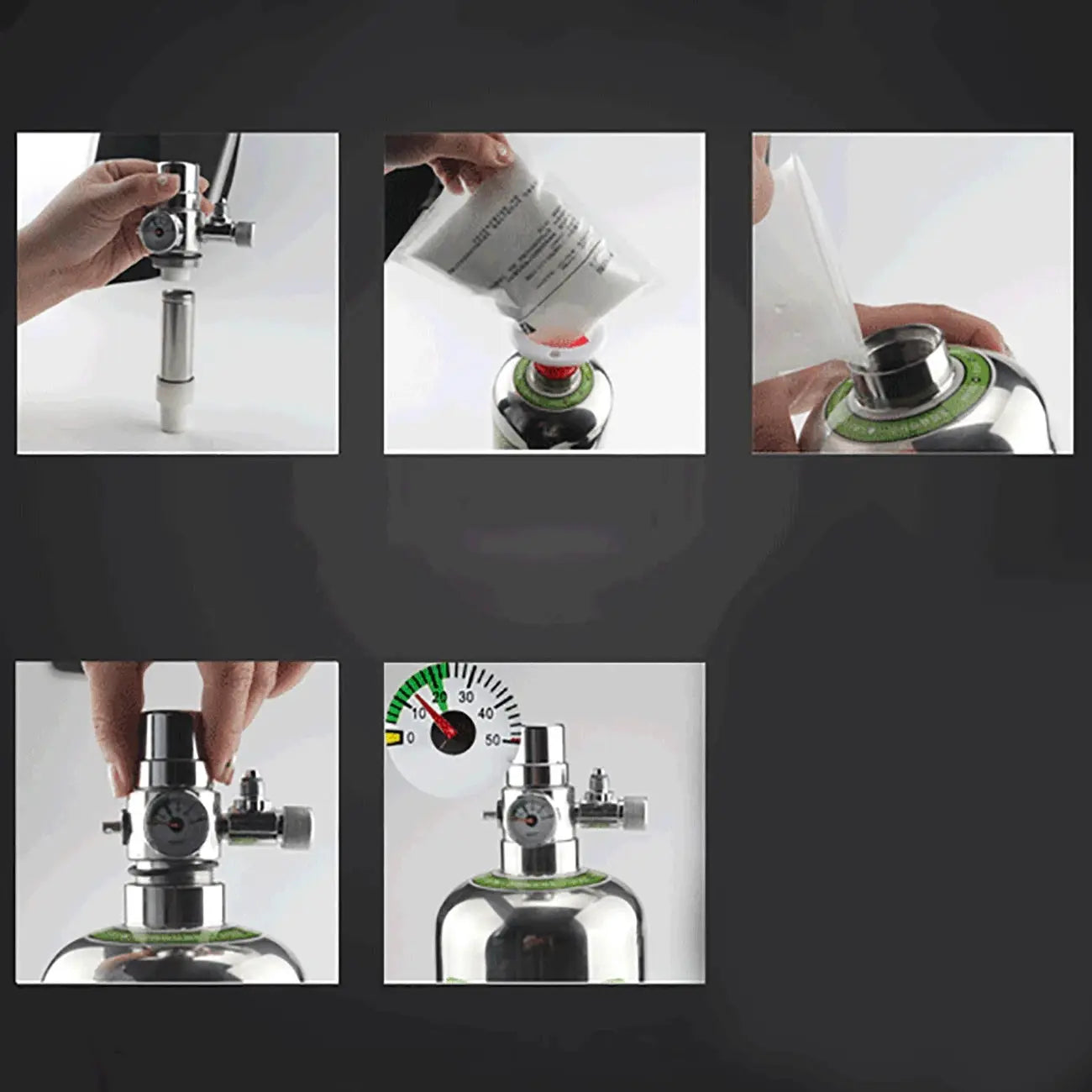 Simples Market Aquarium CO2 Generator Kit with stainless steel regulator and CO2 cylinder; five-image collage.