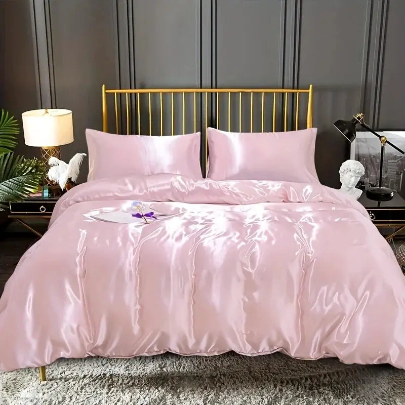 3pc pink satin duvet cover set for queen bed, silky soft, wrinkle-free
