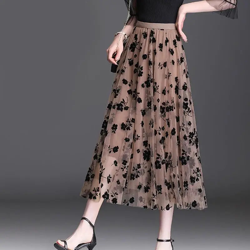 Korean women tulle floral midi skirt; beige mesh with black embroidery by Simples Market