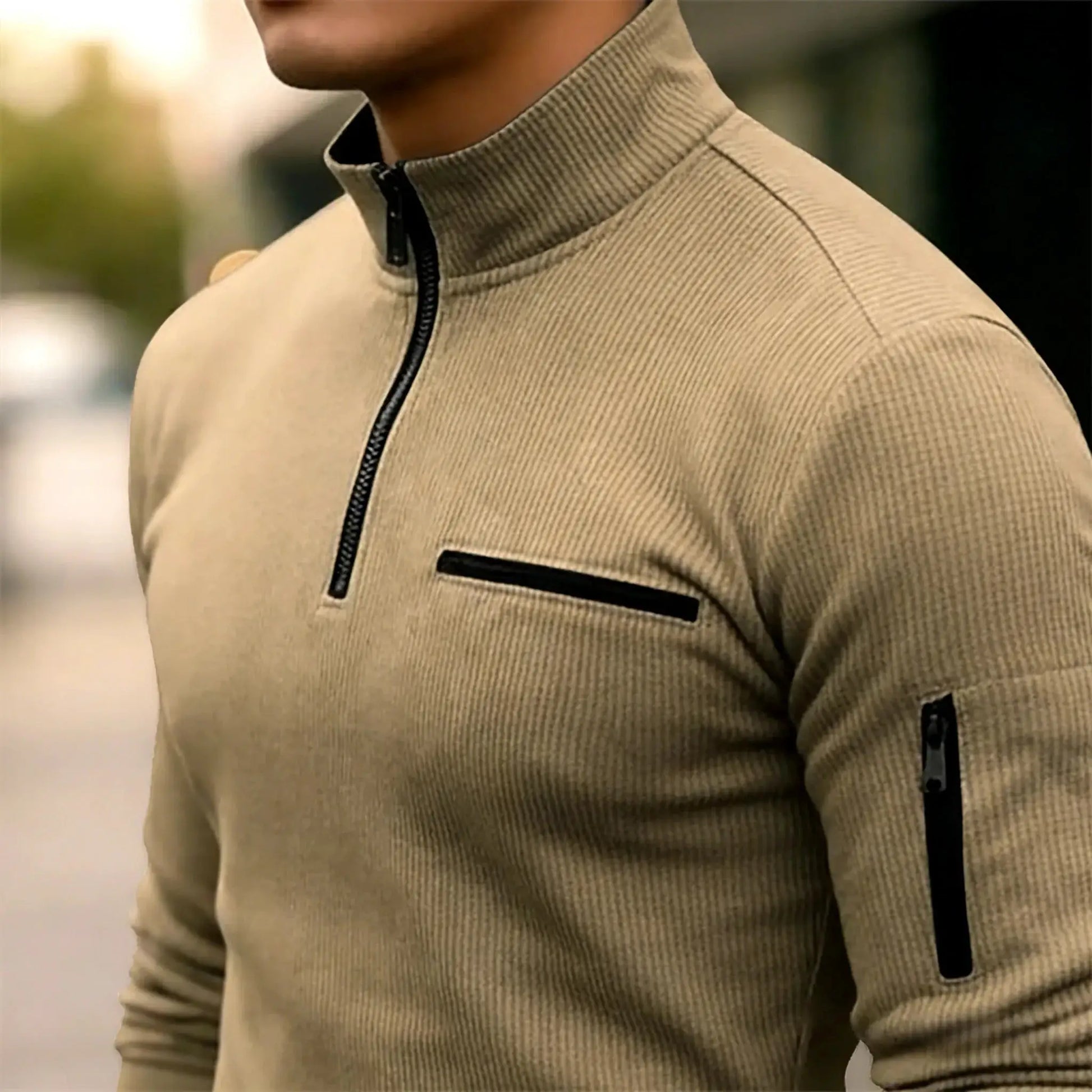 Simples Market beige ribbed long-sleeve polo with black zip-front and chest pocket trim.