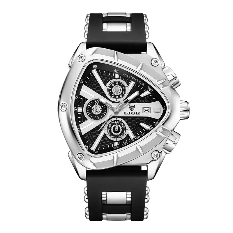 LIGE men's luxury watch with silver case, black dial, chronograph subdials, tachymeter, and date.