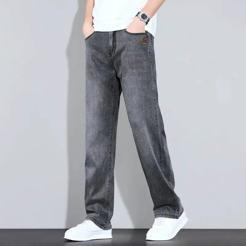 Lyocell Ice Silk Jeans by Simples Market, gray denim straight-leg casual business trousers