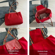 Fashionable casual hand-held bag, red tote with colorful braided strap and gingham-lined interior