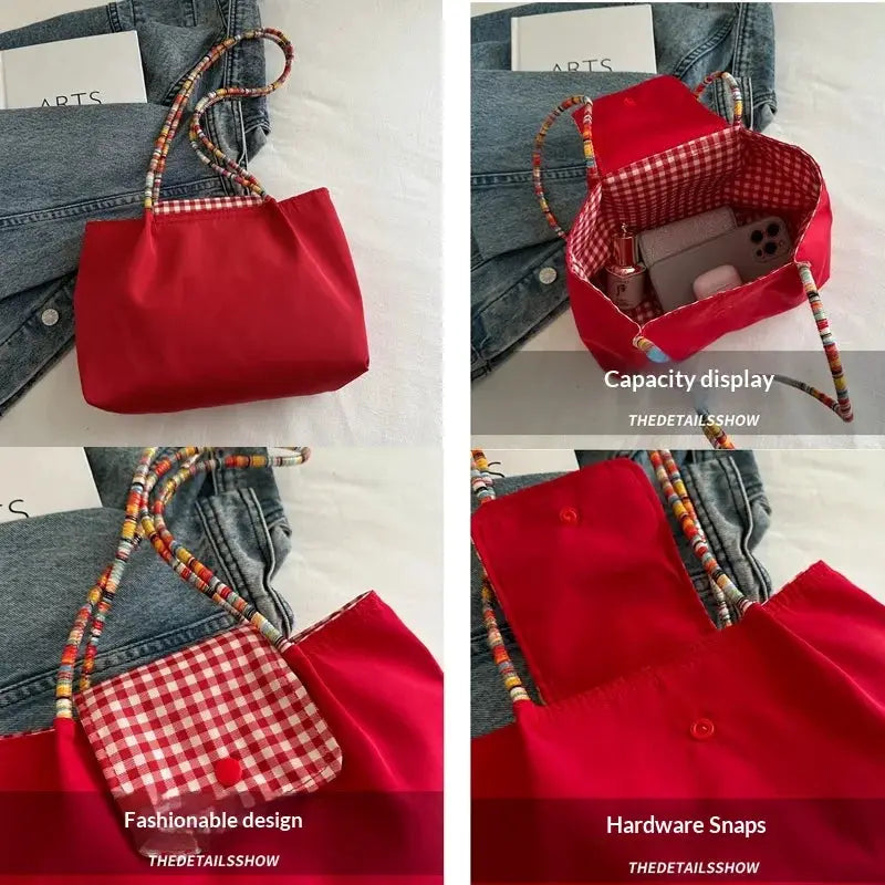 Fashionable casual hand-held bag, red tote with colorful braided strap and gingham-lined interior