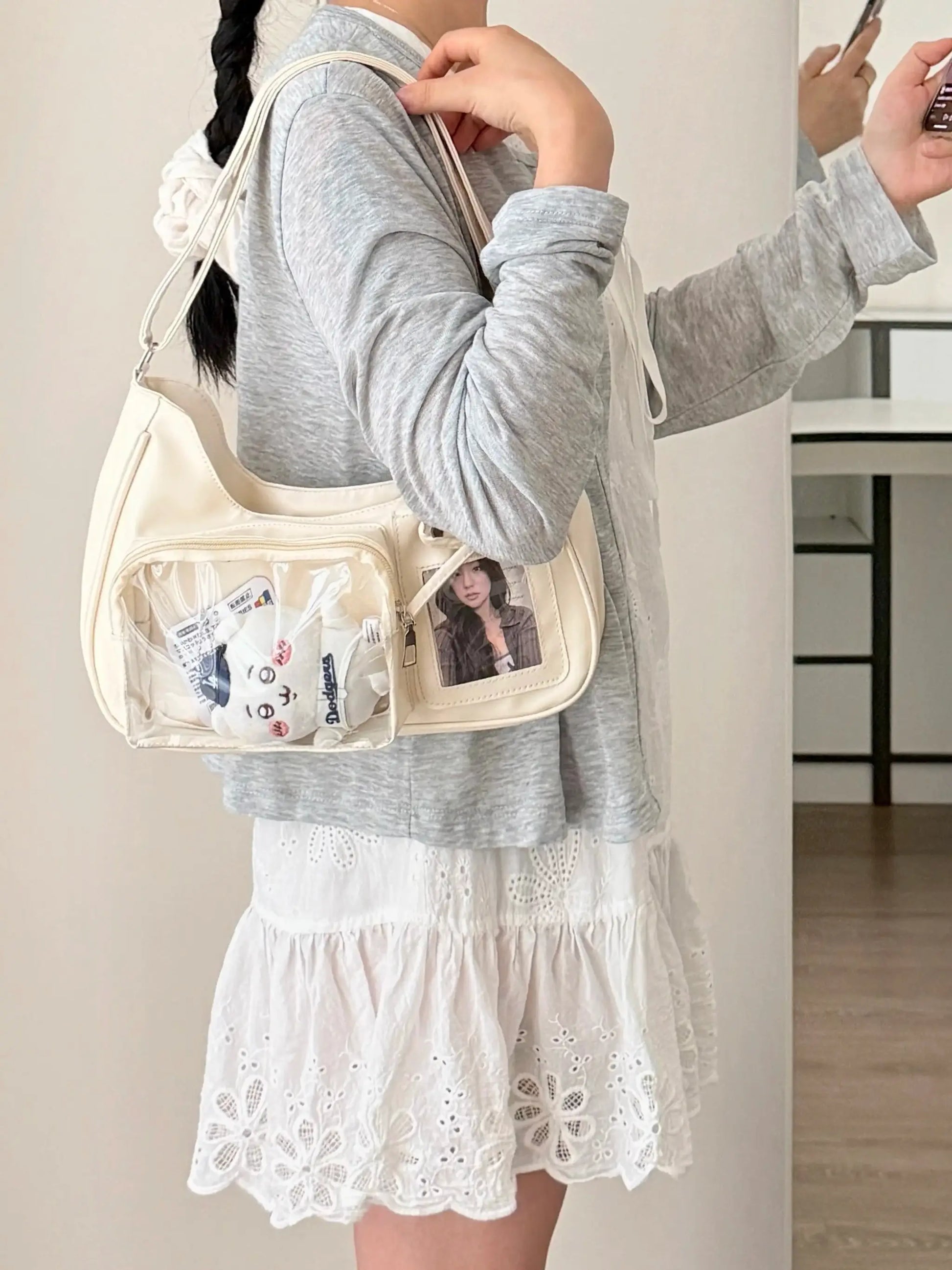 Y2k Harajuku transparent ita bag by Simples Market, cream color with clear front pocket