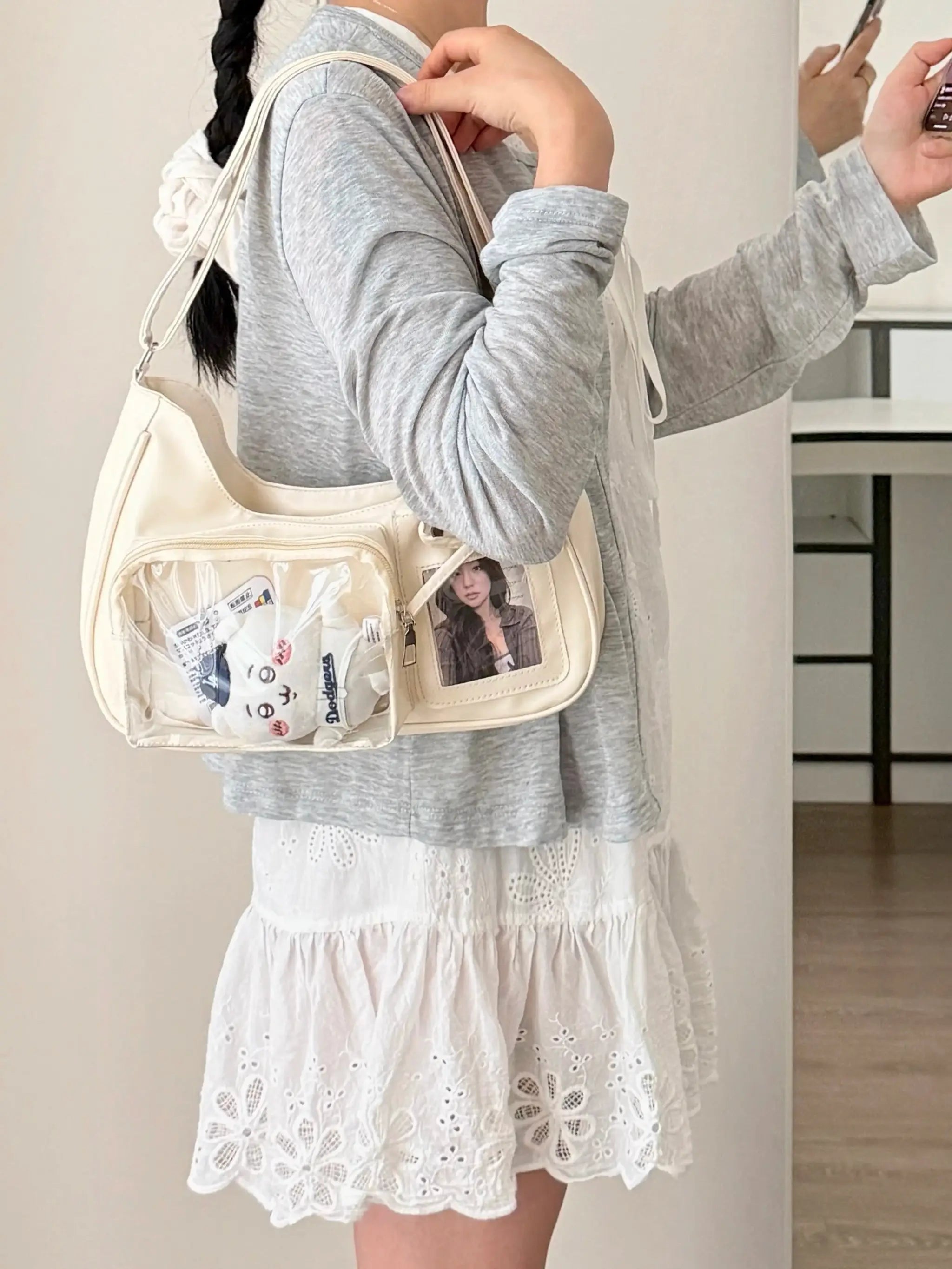 Y2k Harajuku transparent ita bag by Simples Market, cream color with clear front pocket