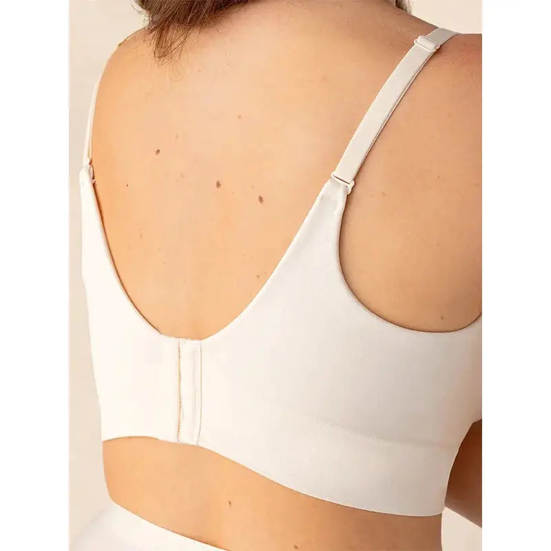 Women's white wireless bra back view with adjustable straps and back hook closure