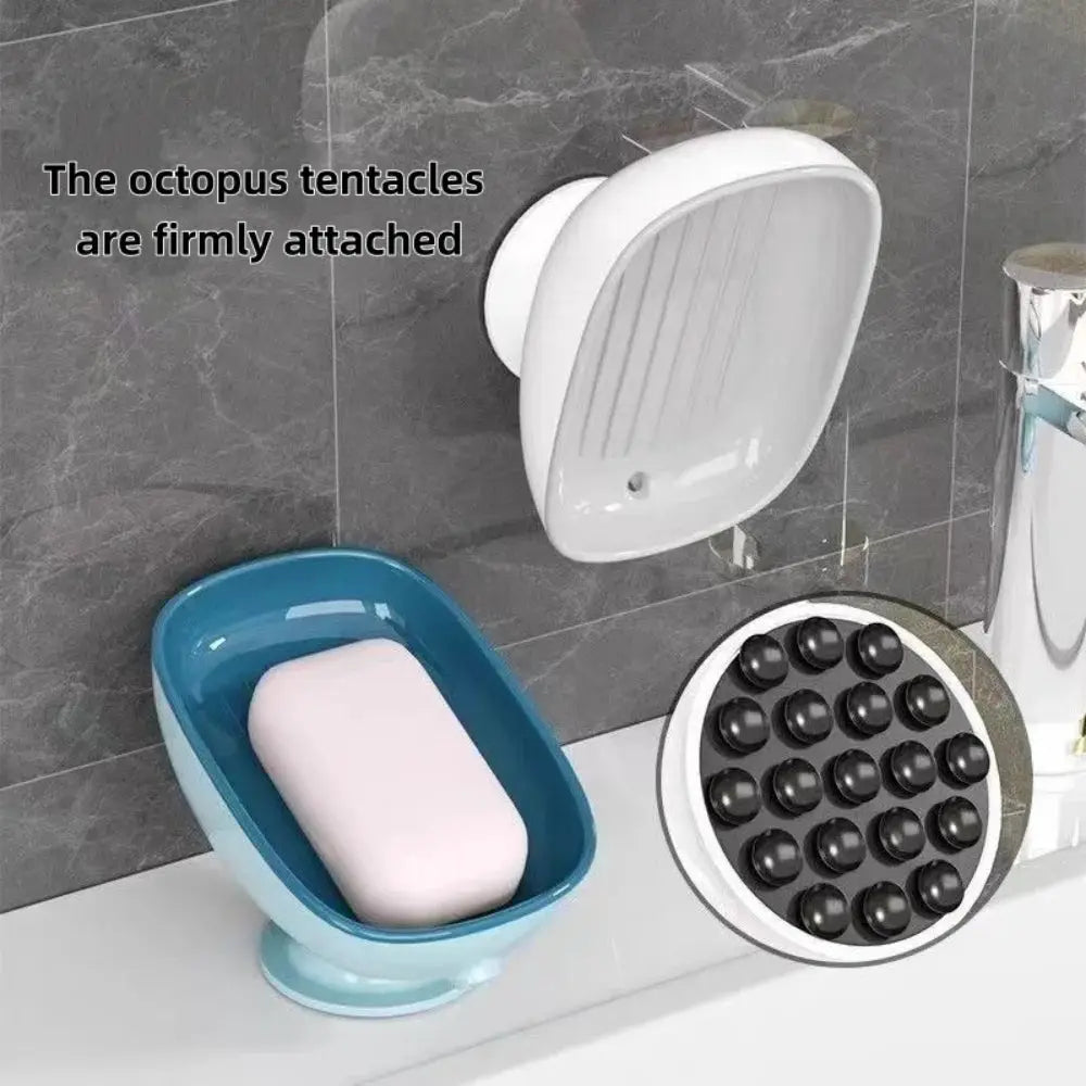 Blue suction cup soap holder with drain, wall-mounted bathroom sponge and soap dish
