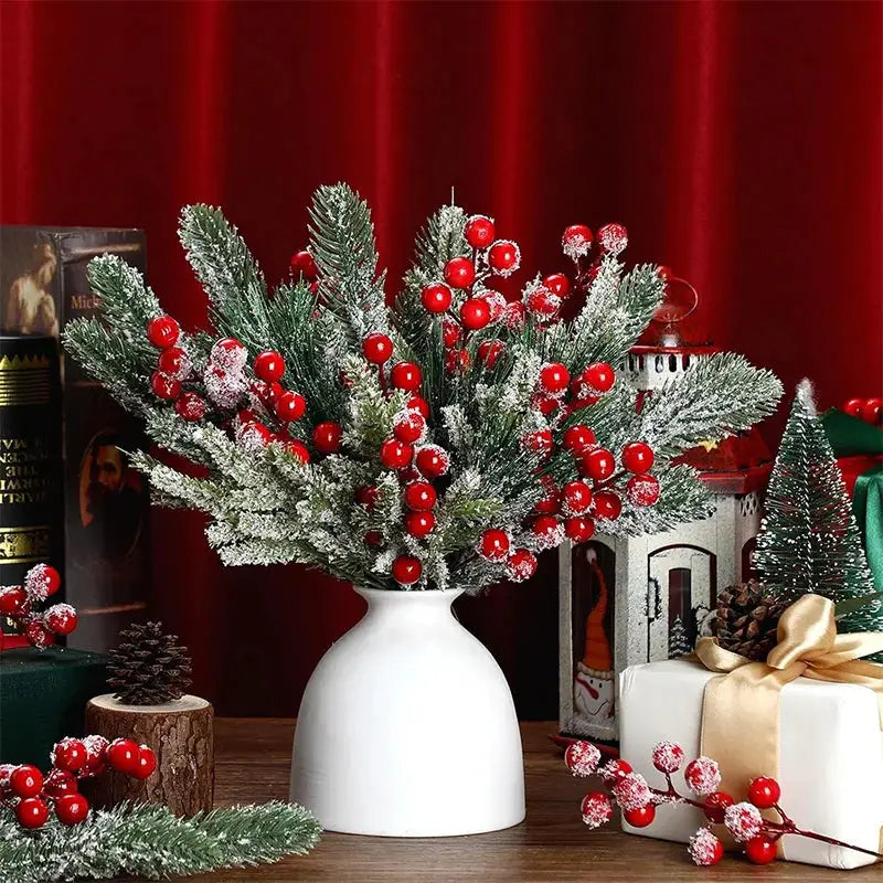 Simples Market artificial pine branch bouquet with red holly berries in a white vase, snow-frosted needles