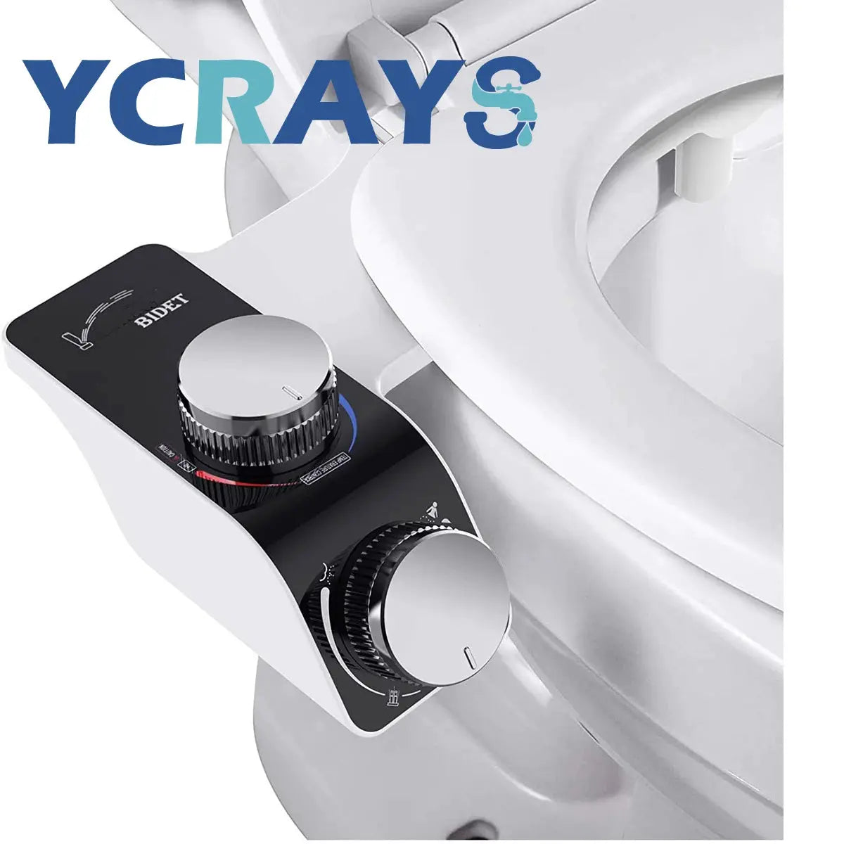 Bidet toilet seat attachment with dual nozzles, non-electric, chrome knobs and YCRAYS black control panel.