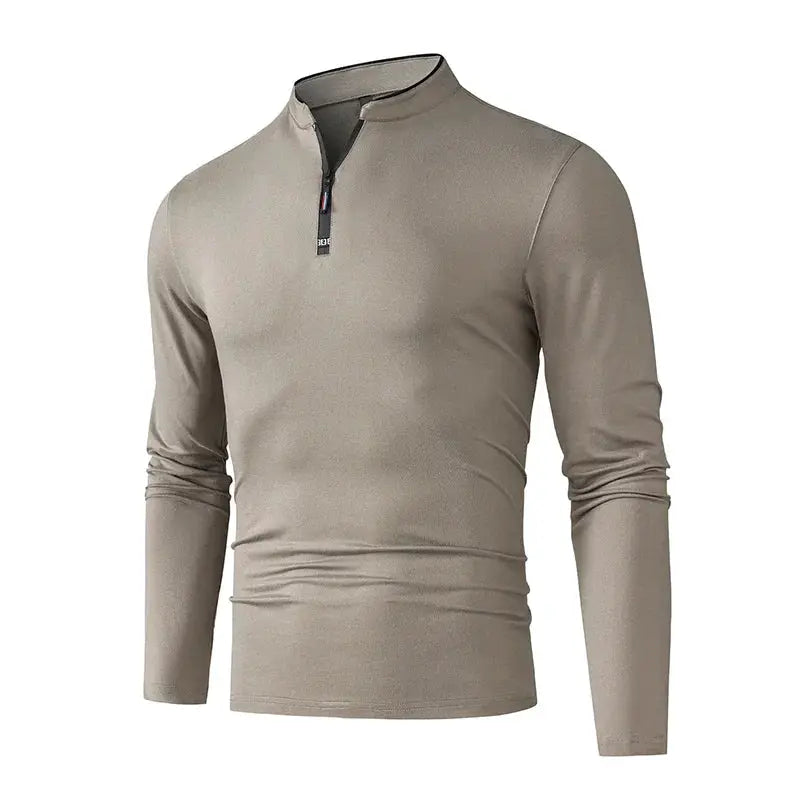 Men's stand-collar half-zip long-sleeve slim-fit pullover in taupe, casual top
