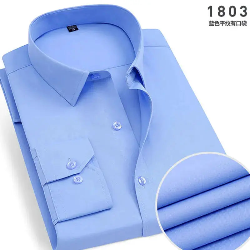 Men's light-blue long-sleeve dress shirt, business casual solid color, folded with cuff.