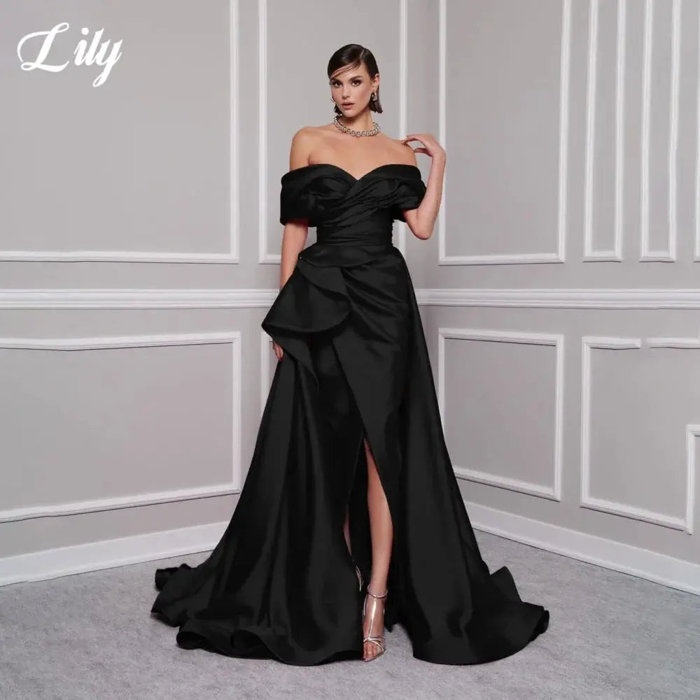 Lily Red Satin Prom Gown Off Shoulder Party Dress Pleated Side Split