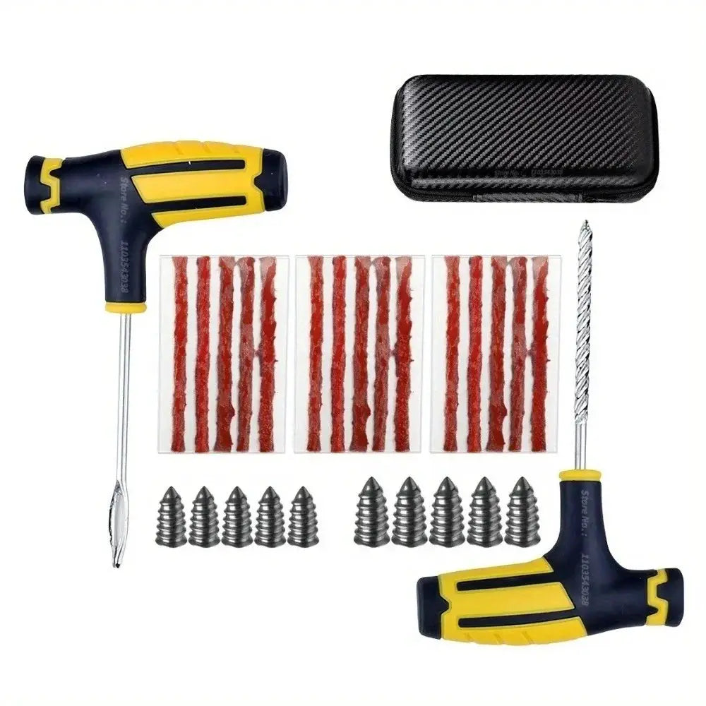Emergency Tire Repair Kit Simples Market; two yellow/blue T-handle tools, red repair strips, metal plugs, black case.