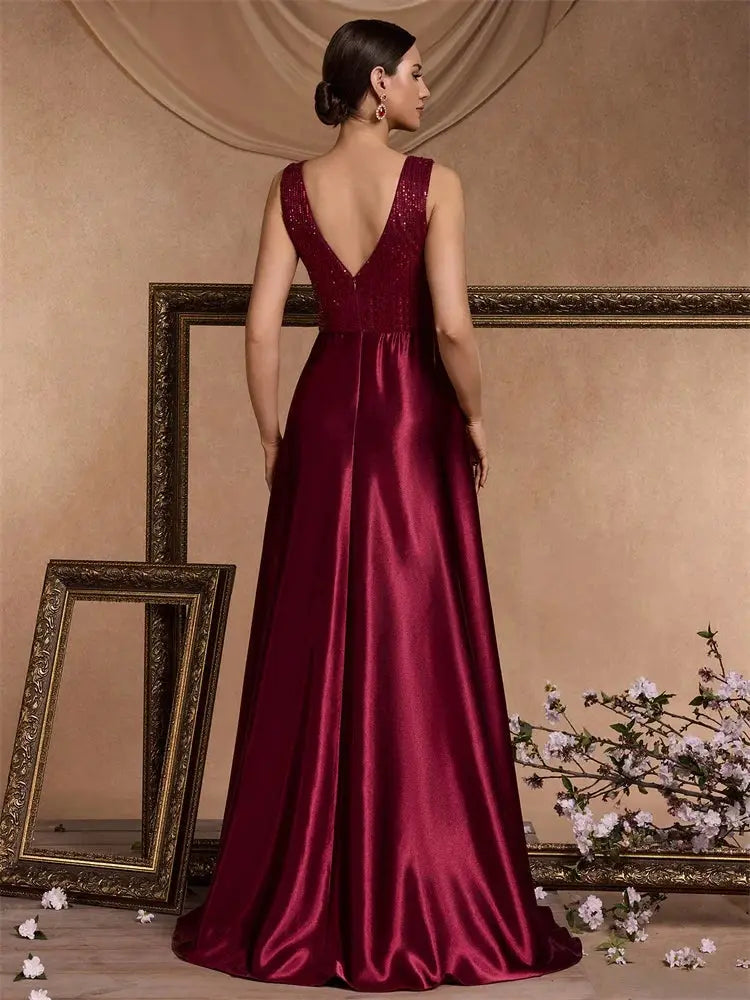 Emerald Green Sequin Evening Dress V Neck Satin Prom Floor Length