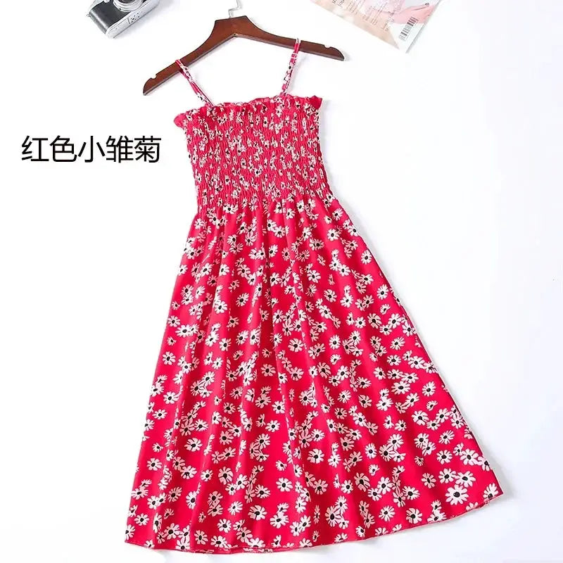 Summer Chiffon Camisole Dress For Women Elastic Waist Spaghetti Straps