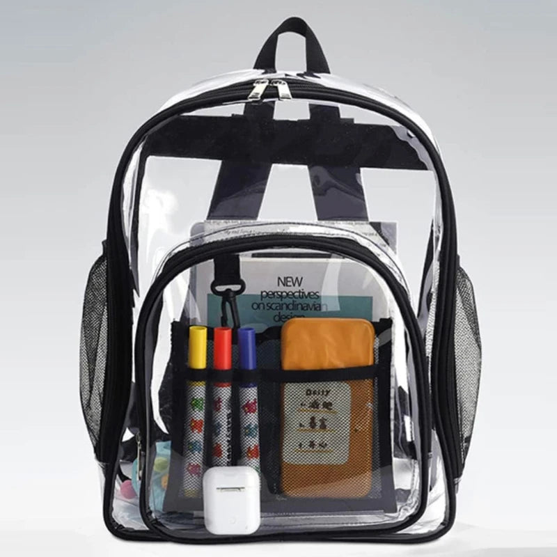 Transparent backpack with black trim and mesh side pockets, filled with school supplies.