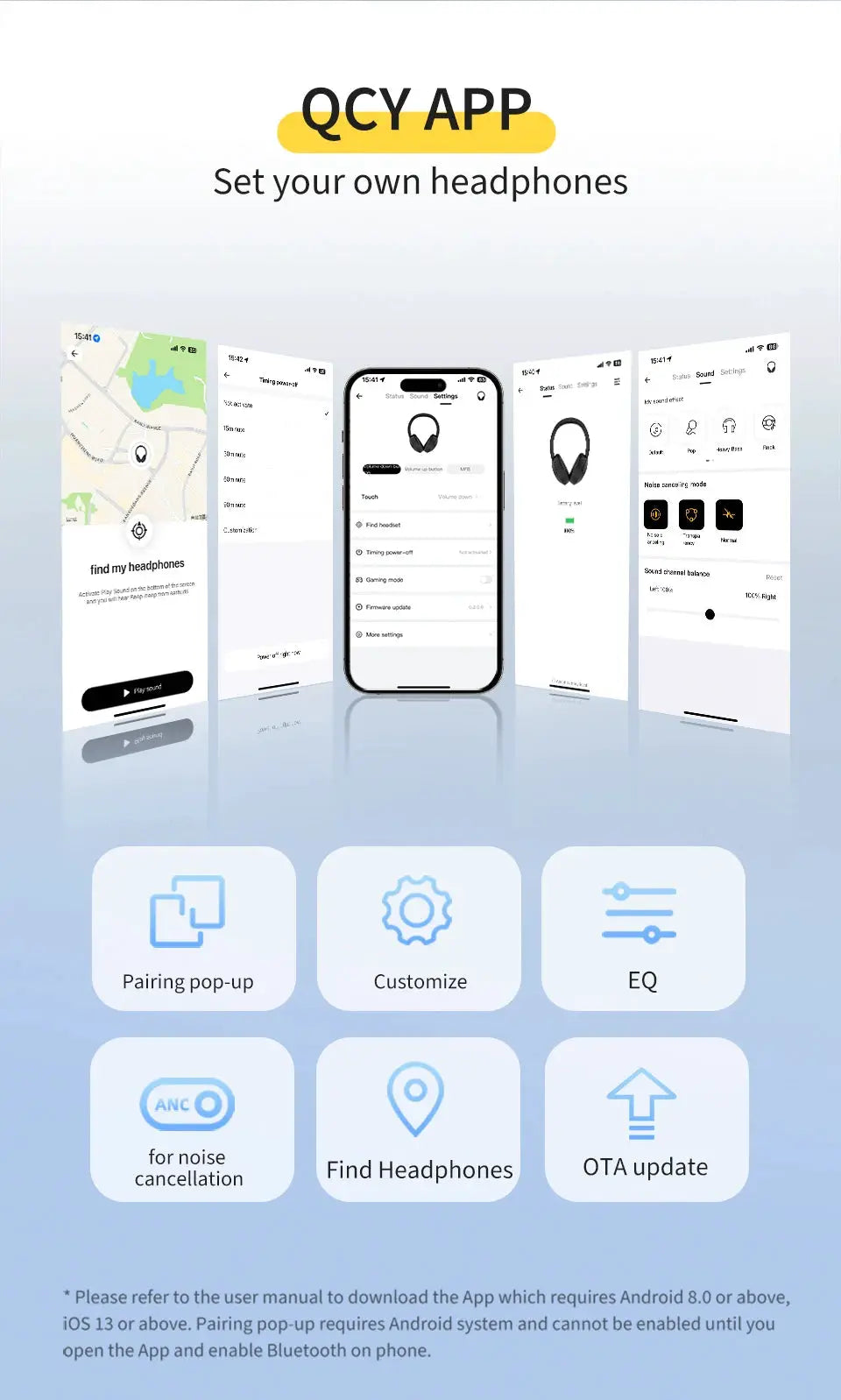QCY H3 Lite ANC over-ear headphones with app control; QCY App screens show pairing, customize, EQ, noise cancellation