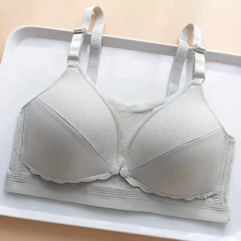 Women's wireless push-up bra in light gray with molded cups, scalloped trim and adjustable straps
