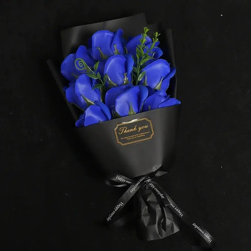 9-head blue soap rose bouquet, artificial flowers with black wrapping for gift and home decor