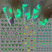 3pc luminous butterfly nail decal sheets with glow-in-the-dark blue butterfly designs for manicure