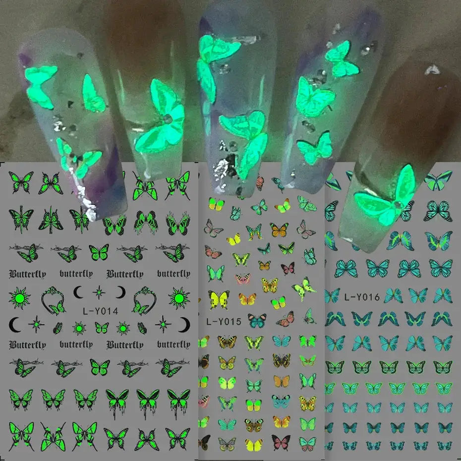 3pc luminous butterfly nail decal sheets with glow-in-the-dark blue butterfly designs for manicure