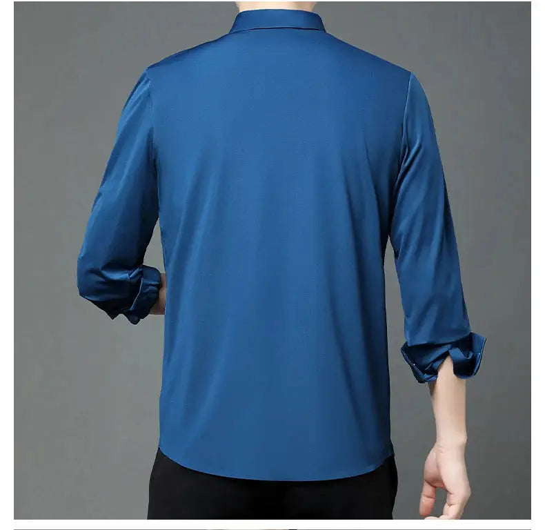 Premium Men's Ultra-Stretch Silk Shirt in blue, long-sleeve, back view