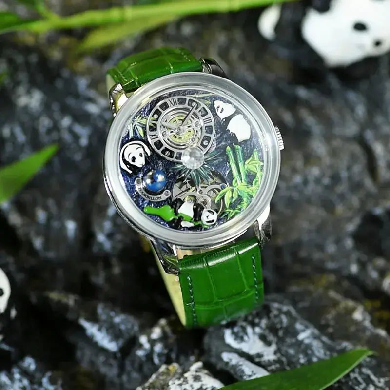 Panda Series mechanical watch by Simples Market; 45.5mm, green leather strap, panda dial with rotating crystal ball