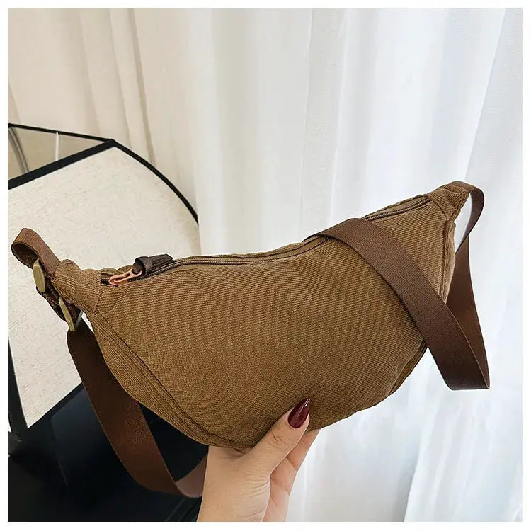 Corduroy women's hobo crossbody bag in brown with adjustable strap
