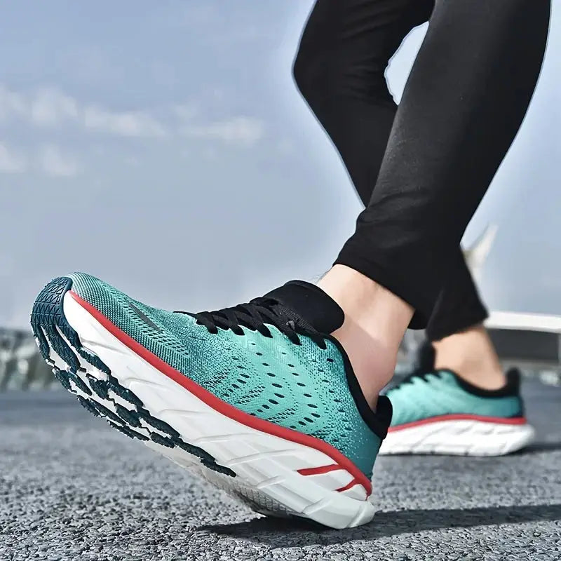 Simples Market men's running shoes in teal knit upper with white midsole and red stripe, size 39-46