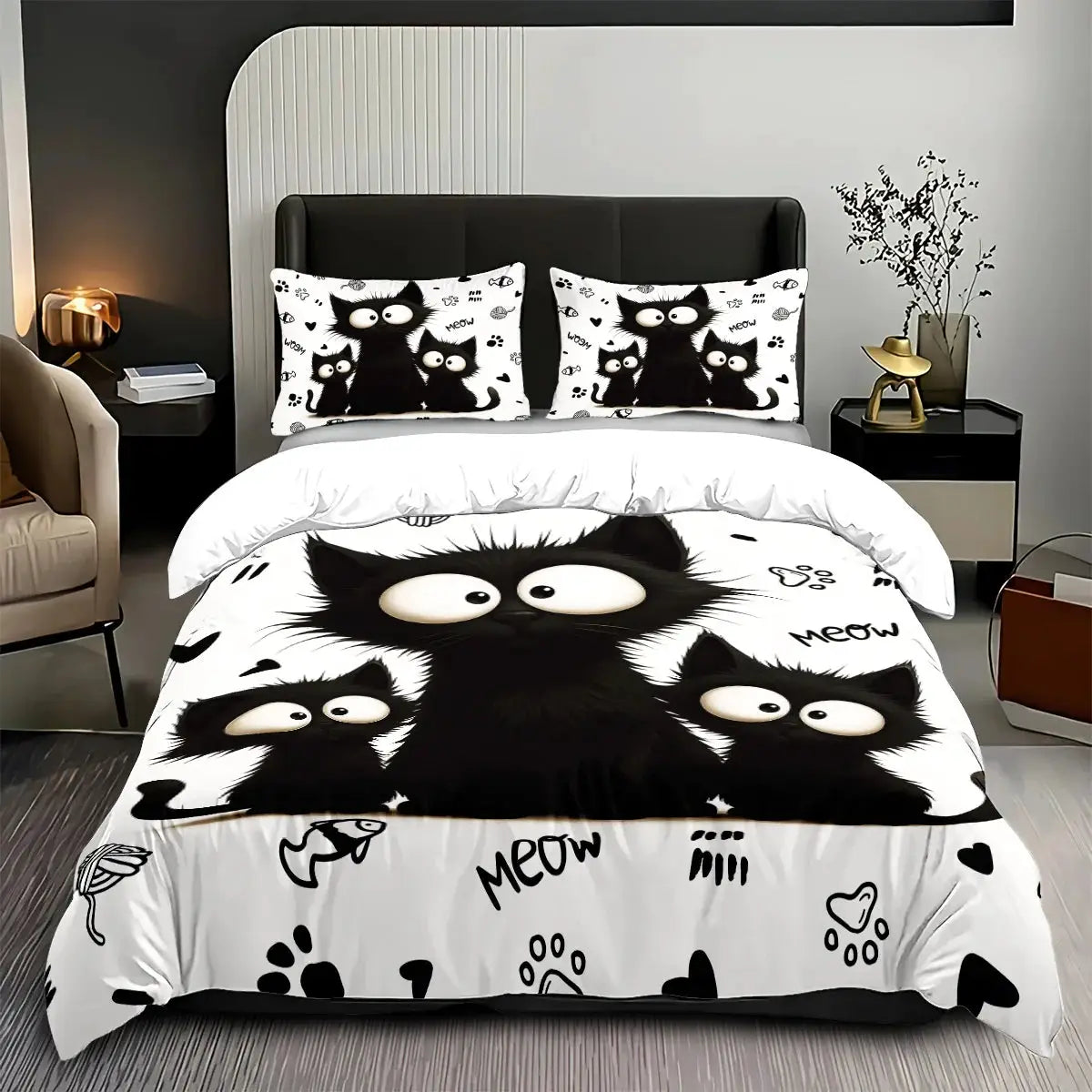 Simples Market 3pc black cat bedding set; duvet cover + 2 pillowcases, white with cat graphics, machine washable.