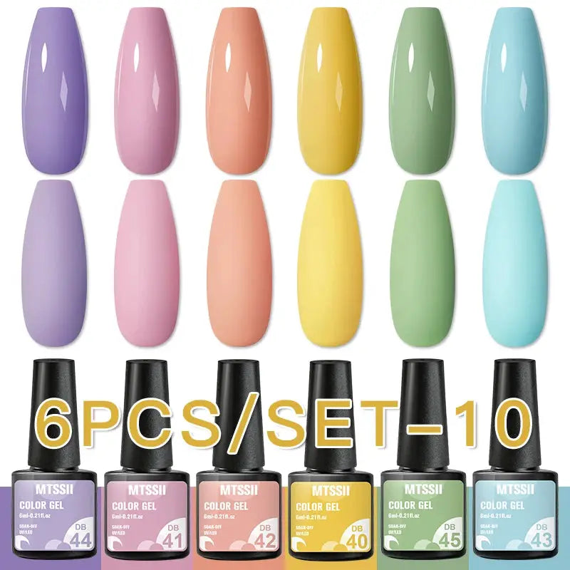 Gel nail polish set, 6 pastel colors, Simples Market brand, soak-off UV/LED