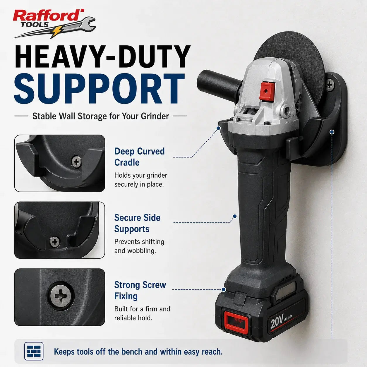 Rafford Tools angle grinder wall mount holder; heavy-duty black wall-mount for cordless grinder