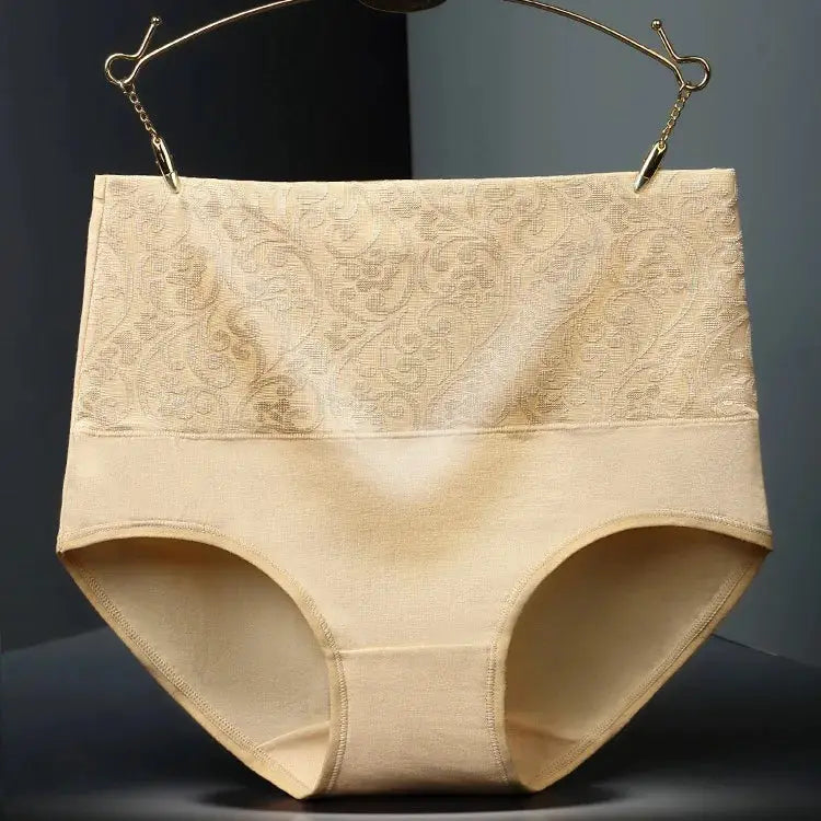 Plus-size beige high-waist cotton briefs with lace panel for shaping