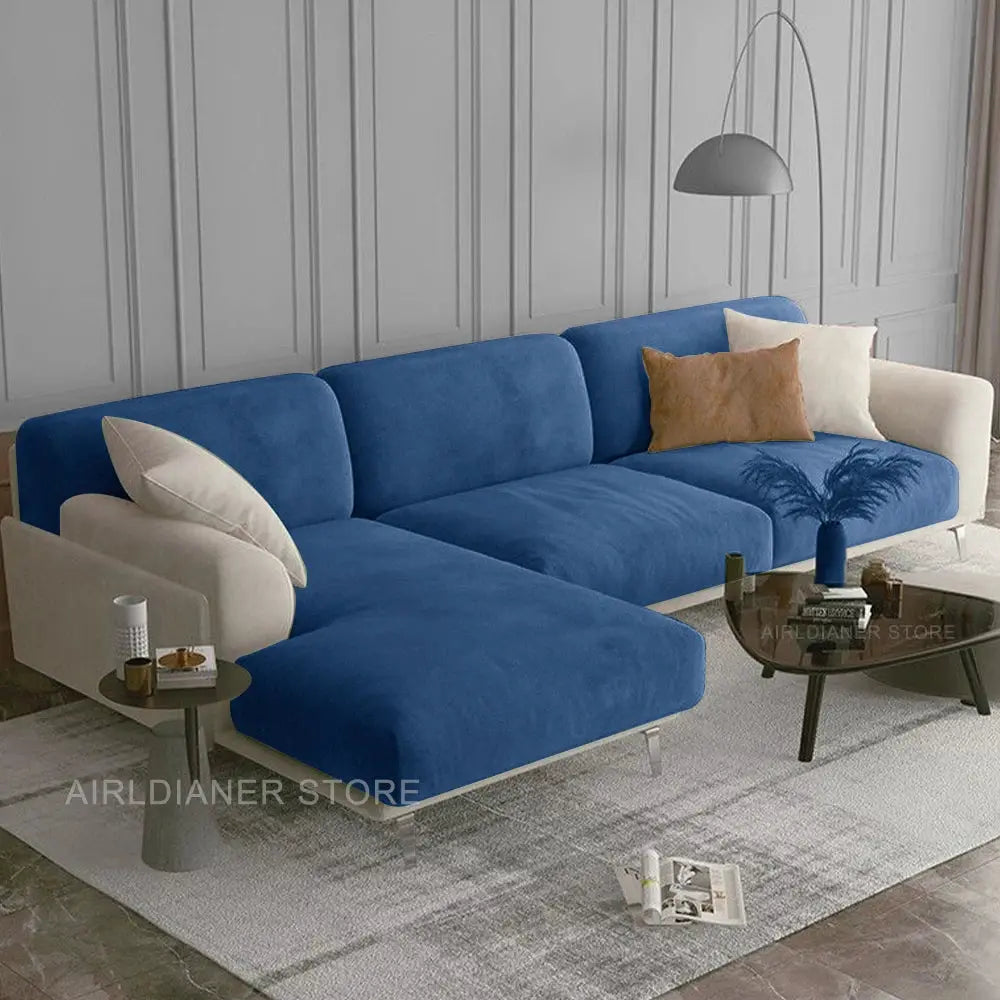 Velvet sofa cover in blue with elastic edges for living room furniture protection