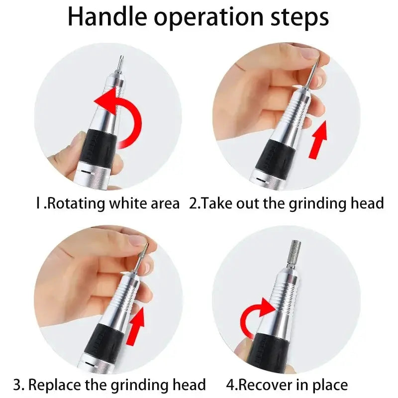 Electric nail drill with silver body and black grip, showing 4-step grinding head guide for manicure tools set