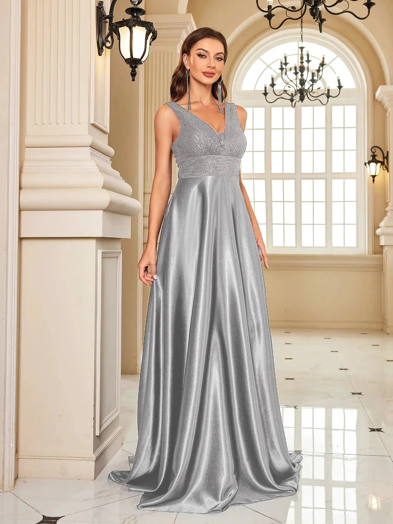 Emerald Green Sequin Evening Dress V Neck Satin Prom Floor Length