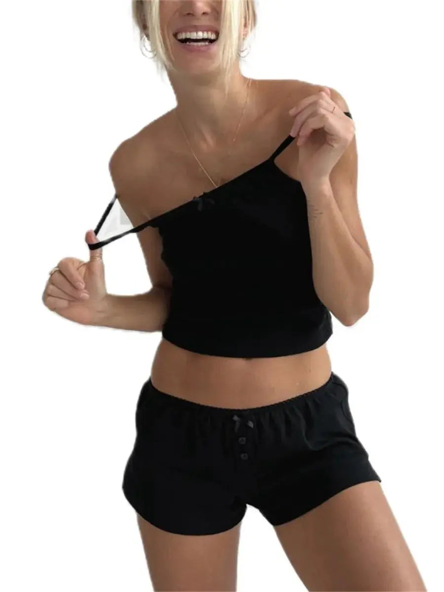 Y2K Aesthetic Two Piece Set For Women Spaghetti Strap Crop Top Shorts