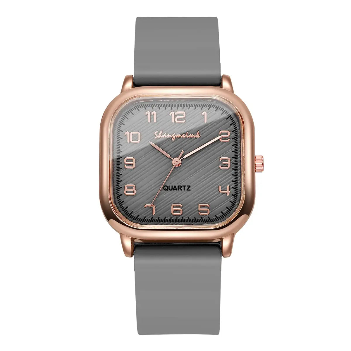 Women's square quartz watch with rose-gold case, grey dial, and grey silicone strap.