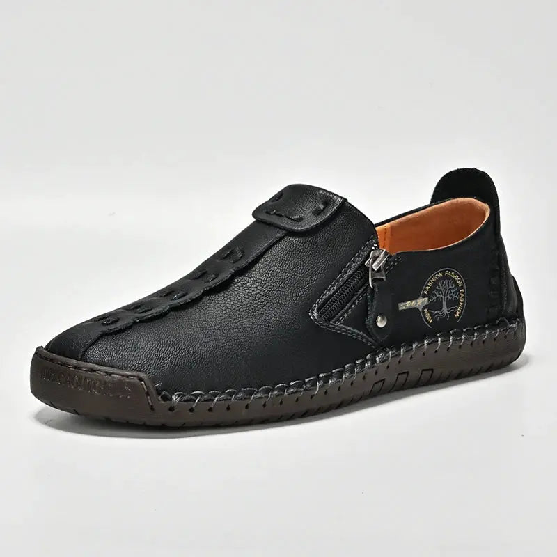 Handmade leather men's loafers black casual slip-on moccasins with side zipper and stitched toe