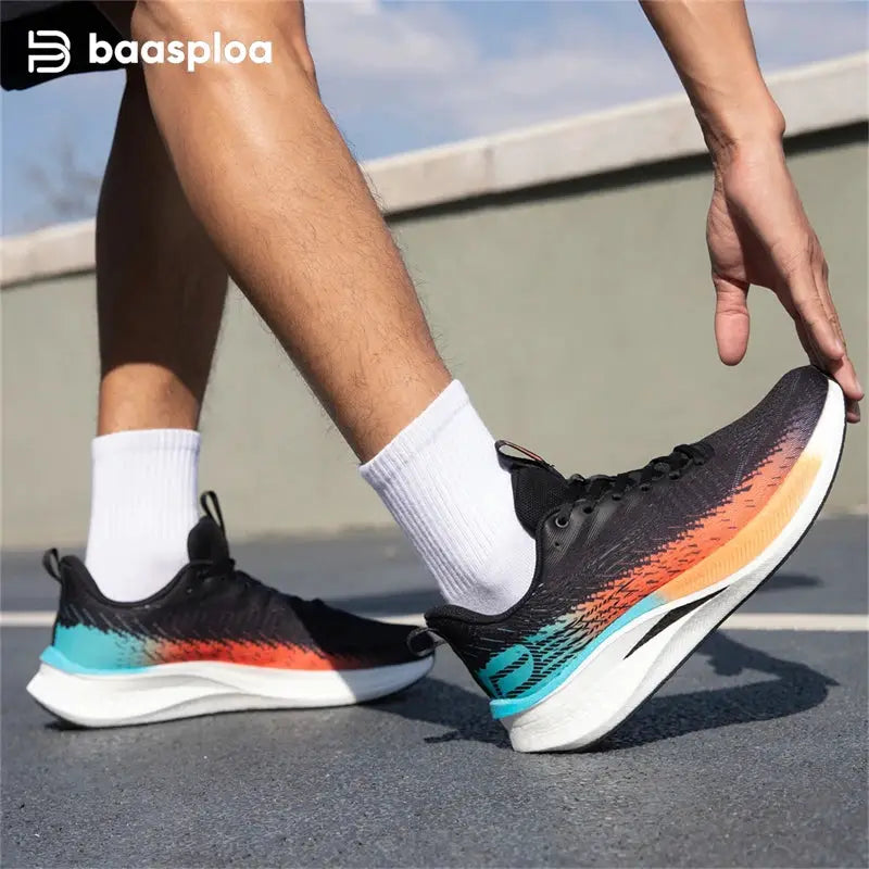 Baasploa men's jogging shoes with gradient black-to-orange upper, turquoise heel, white midsole