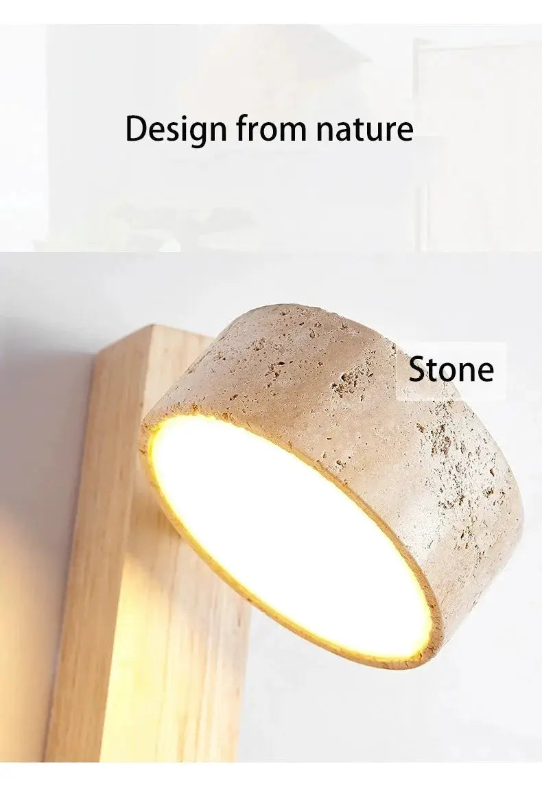 Stone bedside wall lamp with wooden backboard and warm LED light